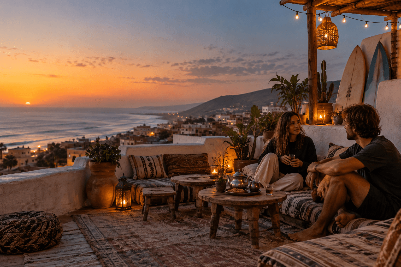 Vibeline rooftop terrace overlooking the Atlantic coast at sunset
