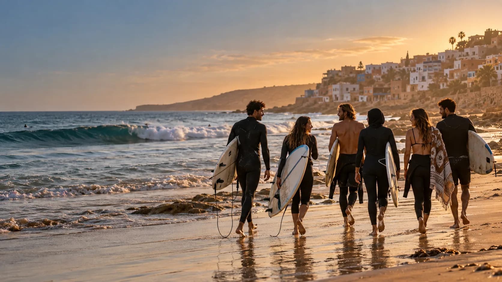 Surfers sharing an Atlantic coast session near Agadir