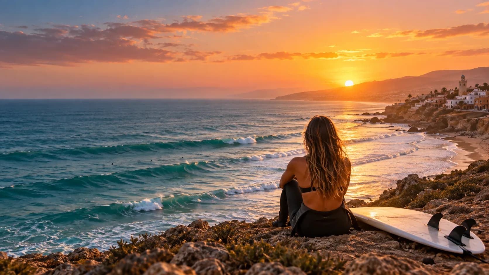 Surfer overlooking Tamraght at sunset
