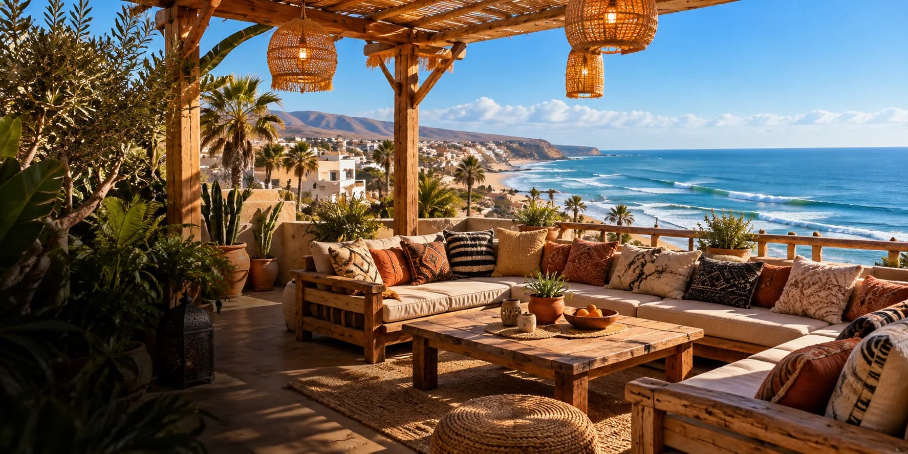 Moroccan Atlantic terrace with pergola, lanterns and ocean views in Tamraght