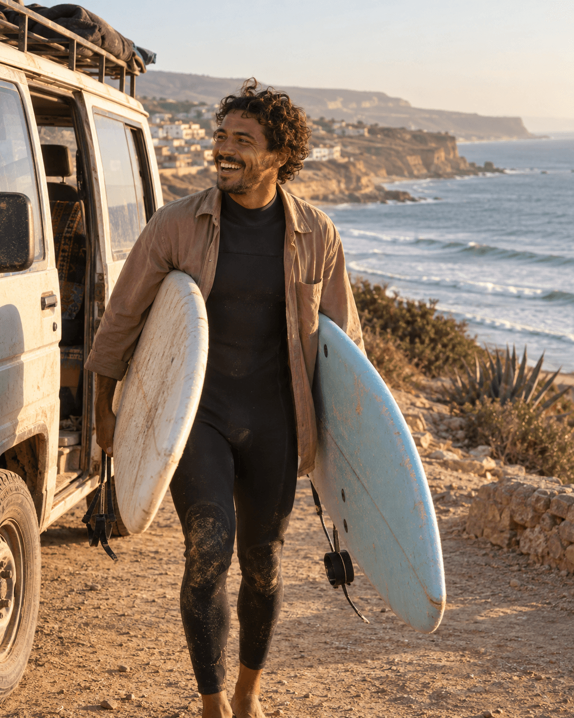 Ali, Vibeline surf coach and local guide, near the Tamraght coast